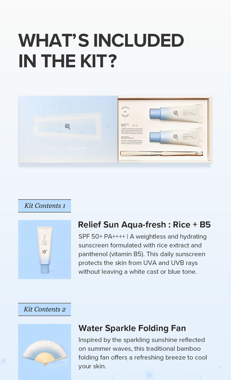 Beauty of Joseon Relief Sun Aqua-fresh Rice+B5 (SPF50+ PA++++) Special Edition Set (50ml+50ml+fan) - Kiyoko Beauty