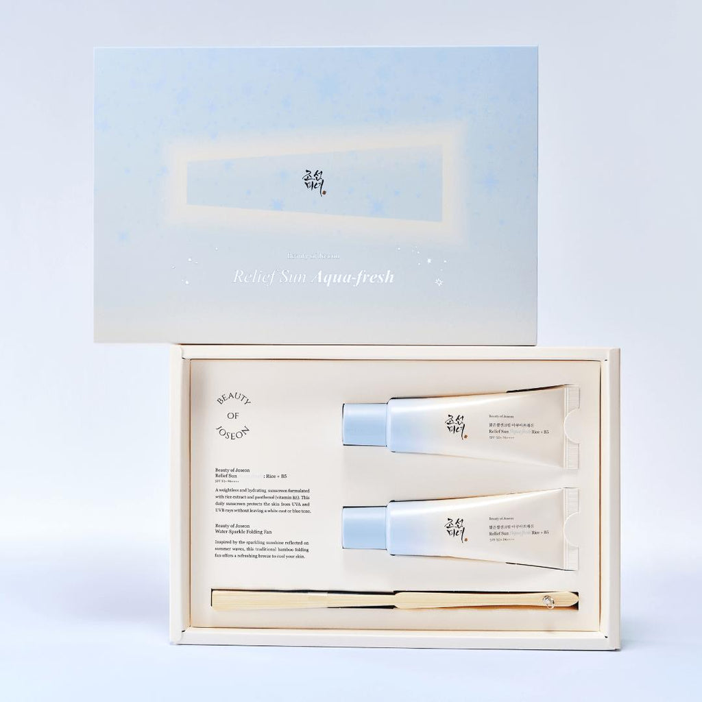 Beauty of Joseon Relief Sun Aqua-fresh Rice+B5 (SPF50+ PA++++) Special Edition Set (50ml+50ml+fan) - Kiyoko Beauty