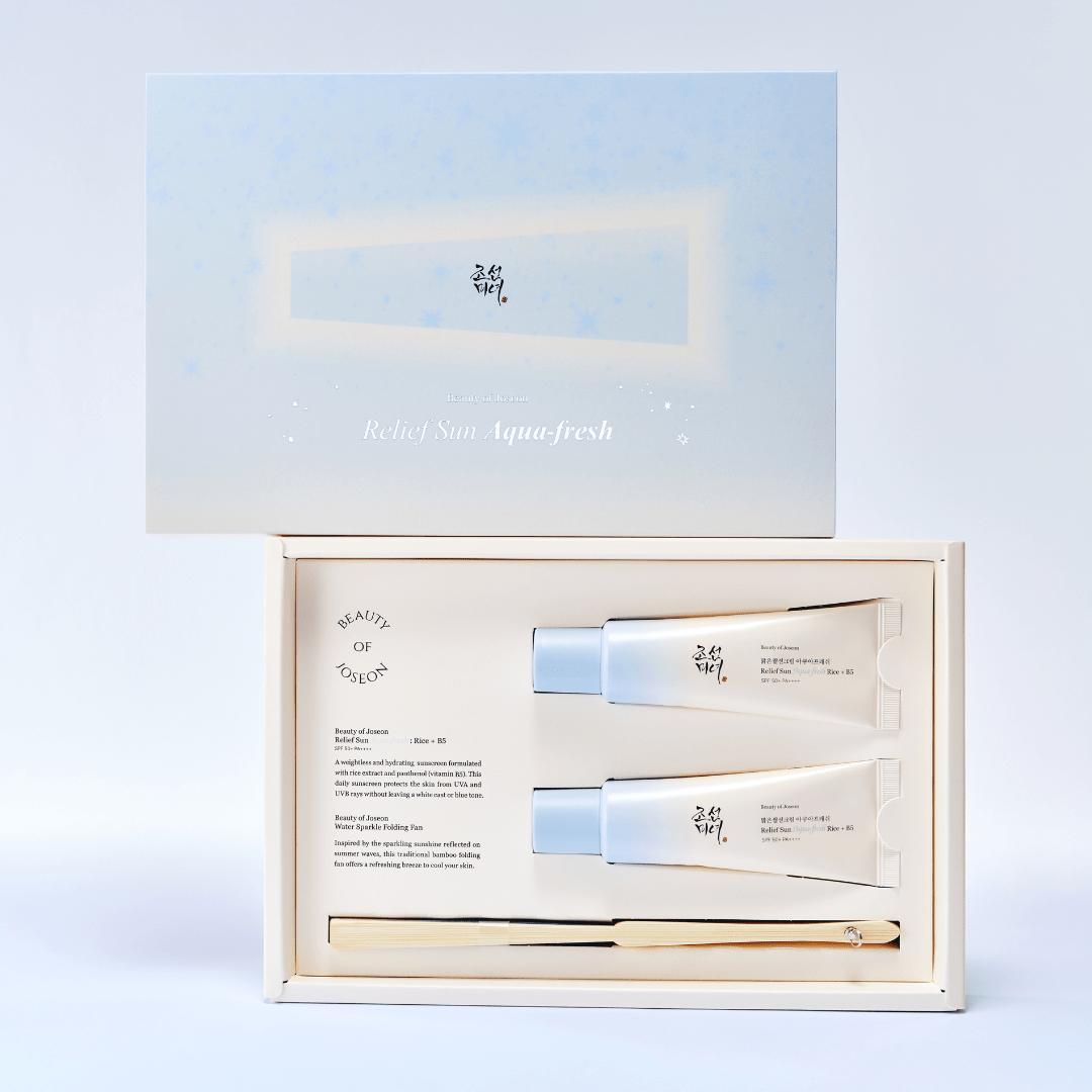Beauty of Joseon Relief Sun Aqua-fresh Rice+B5 (SPF50+ PA++++) Special Edition Set (50ml+50ml+fan) - Kiyoko Beauty