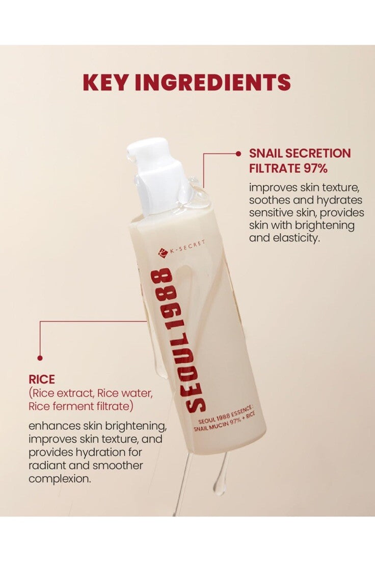 KSECRET SEOUL 1988 Essence: Snail Mucin 97% + Rice (100ml) - Kiyoko Beauty